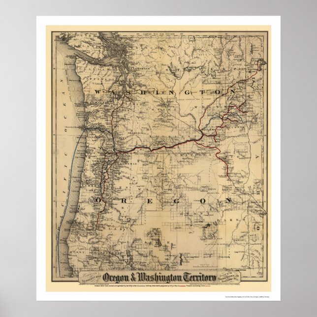 Póster Mapa del ferrocarril de Oregón y Washington 1880 (Frente)