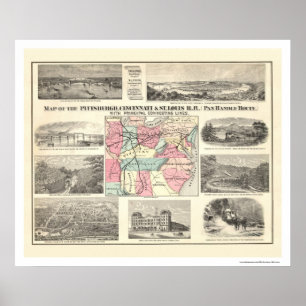 Póster Mapa del ferrocarril de Pittsburg Cincinnati 1877