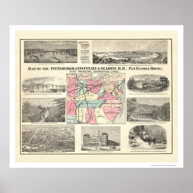 Póster Mapa del ferrocarril de Pittsburg Cincinnati 1877 (Frente)
