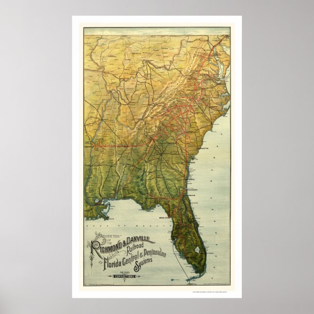 Póster Mapa del ferrocarril de Richmond y Danville 1893 (Frente)