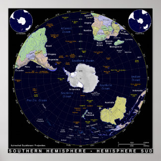 Póster Mapa del hemisferio sur