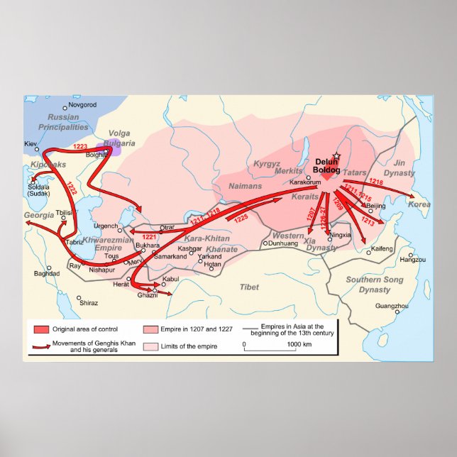 Póster Mapa del Imperio de Genghis Khan en el siglo XIII (Frente)