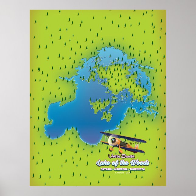 Póster Mapa del lago de los bosques, Ontario, Manitoba, M (Frente)