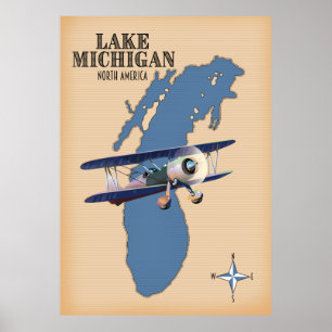 Póster Mapa del lago Michigan en Norteamérica