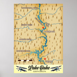 Póster Mapa del Lago Oahe Dakota del Sur