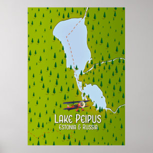 Póster Mapa del lago Peipus Estonia y Rusia