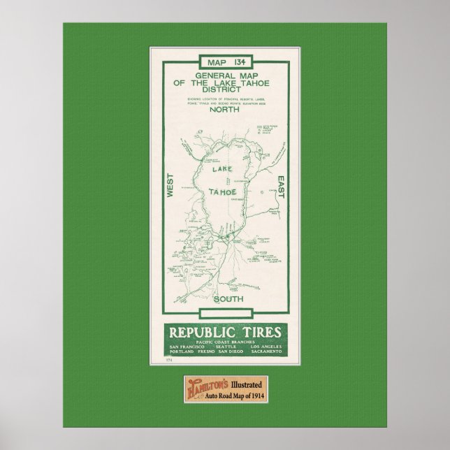 Póster Mapa del lago Tahoe de 1914 (Frente)