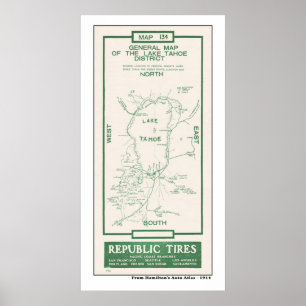 Póster Mapa del lago Tahoe de 1914