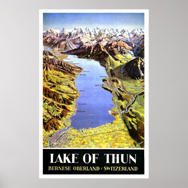 Póster Mapa del lago Thun, Bernese Oberland, Suiza (Frente)