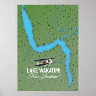 Póster Mapa del lago Wakatipu Nueva Zelanda