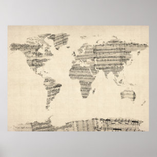Póster Mapa del Mapa Mundial de la Música de Hoja Antigua