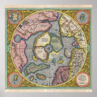 Póster Mapa del Mercator Hondius del Ártico de 1606