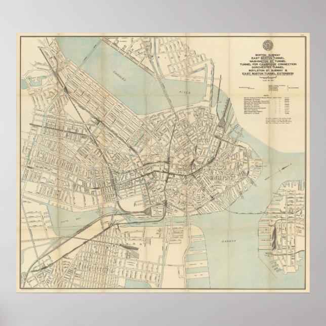 Póster Mapa del metro del casco antiguo de Boston (1917) (Frente)