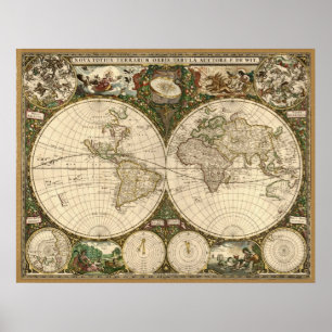 Póster Mapa del mundo 1660 de la antigüedad de Frederick