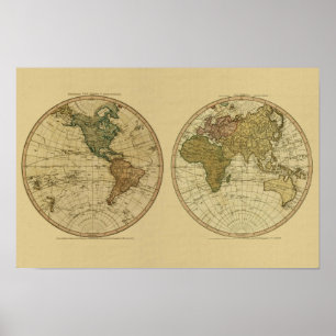 Póster Mapa del mundo 1786 de la antigüedad de Guillermo