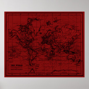 Póster Mapa del mundo (1899) rojo oscuro y negro
