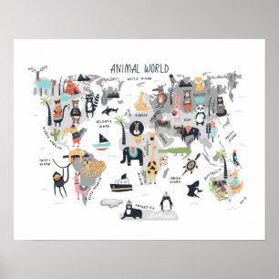 Póster Mapa del mundo animal