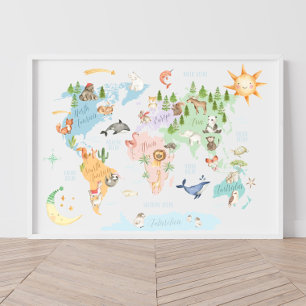 Póster Mapa del mundo animal niños impresos, animales del