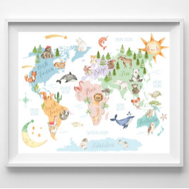 Póster Mapa del mundo animal niños impresos, animales del