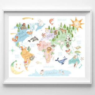 Póster Mapa del mundo animal niños impresos, animales del
