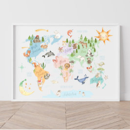 Póster Mapa del mundo animal para niños, Animales del mun