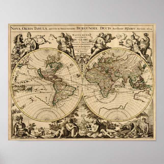 Póster Mapa del mundo antiguo, 1694, por Alexis Hubert Ja (Frente)