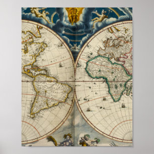 Póster Mapa del mundo antiguo - Blaeu, Joan 1664
