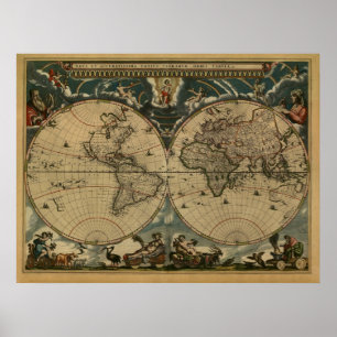 Póster Mapa del mundo antiguo de Joan Blaeu, alrededor de