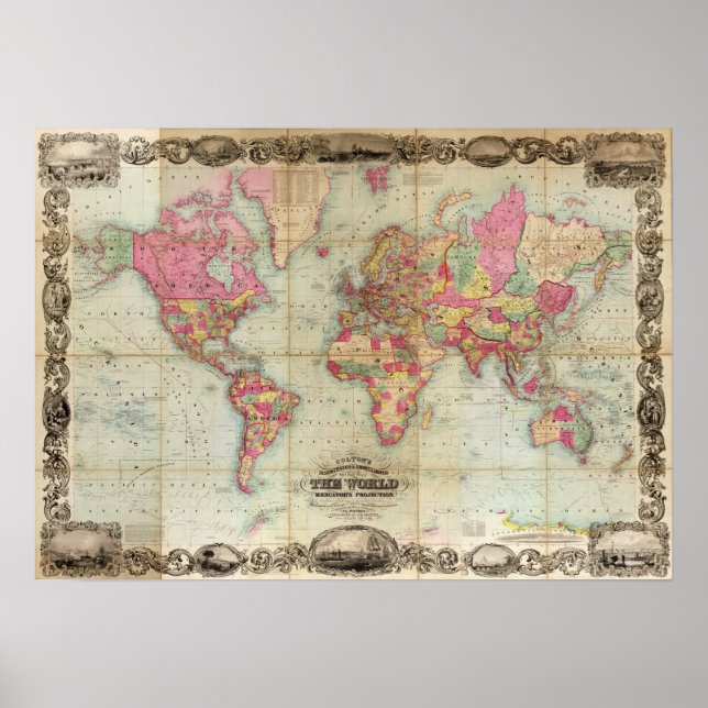 Póster Mapa del mundo antiguo de John Colton, alrededor d (Frente)