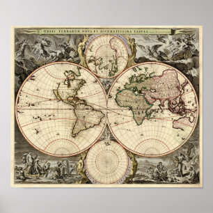 Póster Mapa del mundo antiguo de Nicolao Visscher, alrede