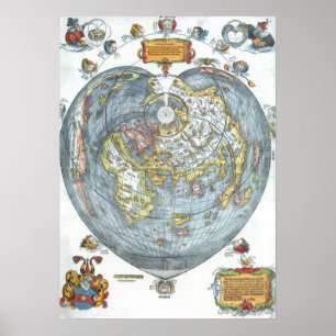 Póster Mapa del mundo antiguo en forma de corazón vintage