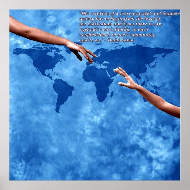 Póster Mapa del mundo azul con texto de Dalai lama (Frente)