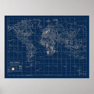 Póster Mapa del mundo azul de la Marina