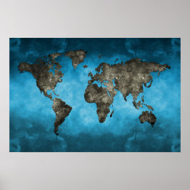 Póster Mapa del mundo azul y negro