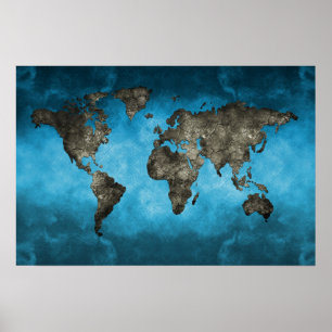 Póster Mapa del mundo azul y negro