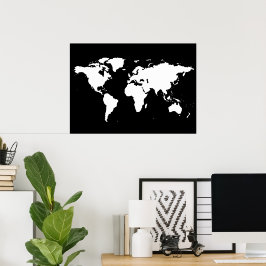 Póster Mapa del mundo blanco y negro