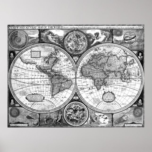 Póster Mapa del mundo blanco y negro (1626) (Frente)
