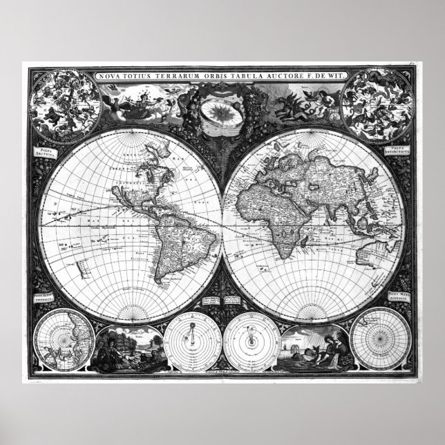 Póster Mapa del mundo blanco y negro (1665) (Frente)