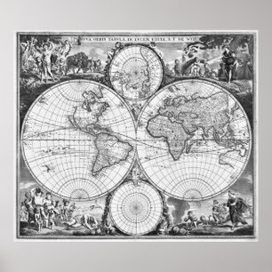 Póster Mapa del mundo blanco y negro (1670)