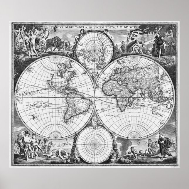 Póster Mapa del mundo blanco y negro (1670) (Frente)