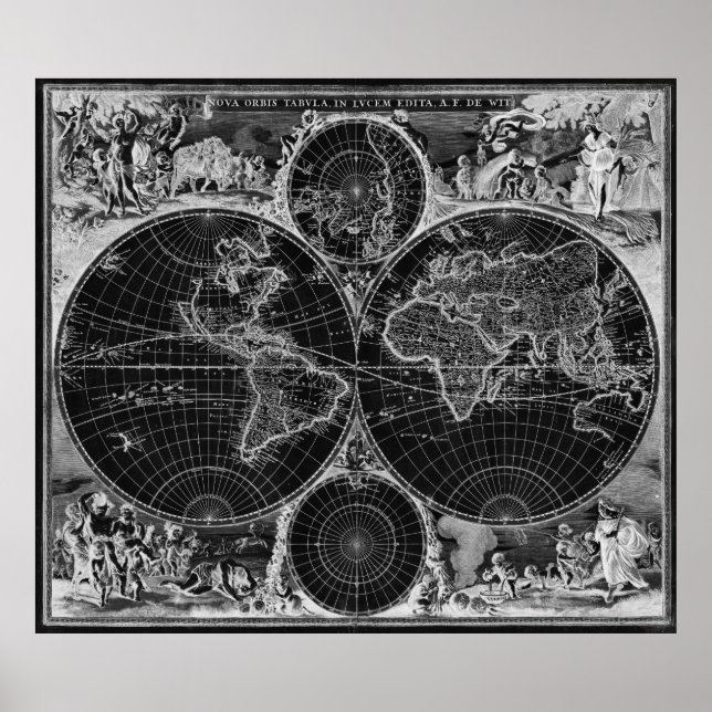 Póster Mapa del mundo blanco y negro (1670) Inverso (Frente)