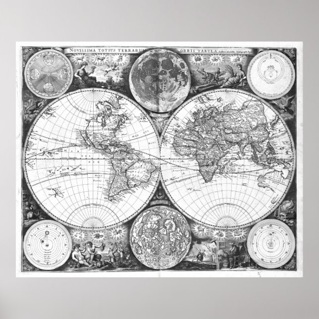 Póster Mapa del mundo blanco y negro (1672) (Frente)