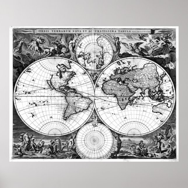 Póster Mapa del mundo blanco y negro (1690) (Frente)