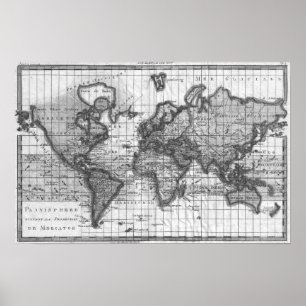 Póster Mapa del mundo blanco y negro (1780)