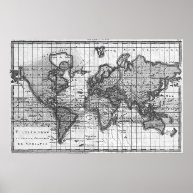 Póster Mapa del mundo blanco y negro (1780) (Frente)