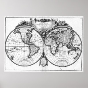 Póster Mapa del mundo blanco y negro (1782)