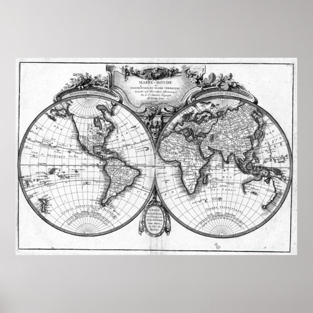 Póster Mapa del mundo blanco y negro (1782) (Frente)