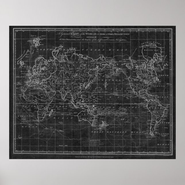 Póster Mapa del mundo blanco y negro (1799) Inverso (Frente)