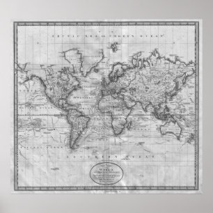 Póster Mapa del mundo blanco y negro (1801)