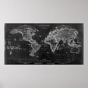 Póster Mapa del mundo blanco y negro (1827) Inverso